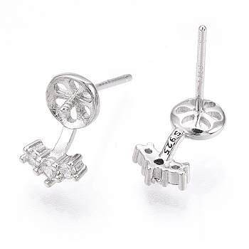 925 Sterling Silver Stud Earring Findings Micro Pave Cubic Zirconia, for Half Drilled Beads, with S925 Stamp, Crown, Real Platinum Plated, 10x6x2mm, Pin: 0.7×12mm