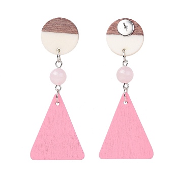 Stud Earrings, with Natural Rose Quartz Beads, Pear Wood Pendants, Resin & Wood Pendants and Brass Findings, Flat Round and Triangle, Pink, 67~68mm, Pin: 0.6mm
