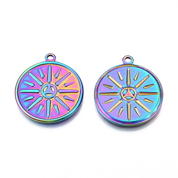 Ion Plating(IP) 201 Stainless Steel Pendants, Flat Round with Sun, Rainbow Color, 29x25x2mm, Hole: 2mm