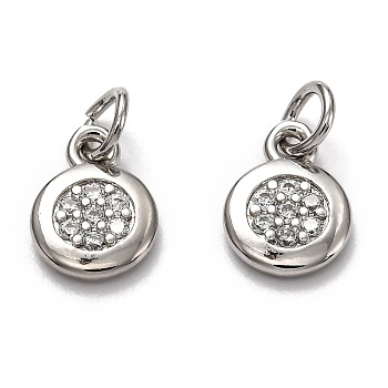 Brass Micro Pave Cubic Zirconia Charms, with Jump Rings, Long-Lasting Plated, Flat Round, Platinum, 11x8x2mm, Hole: 3mm