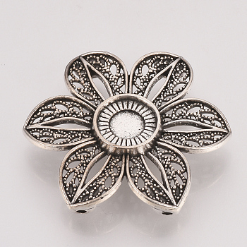 Tibetan Style Alloy Cabochon Connector Settings, Flower, Cadmium Free & Lead Free, Antique Silver, Tray: 10mm, 32x36x6mm, Hole: 1mm, about 150pcs/1000g