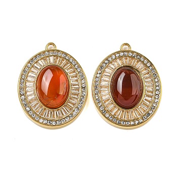 Natural Carnelian(Dyed & Heated) Oval Pendants, 304 Stainless Steel Crystal Rhinestone Charms, Real 14K Gold Plated, 38x29x9mm, Hole: 2.5mm