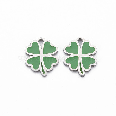 Stainless Steel Color Green Clover Stainless Steel+Enamel Charms