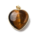 Natural Tiger Eye Pendants, Brass Heart Charms, Golden, Rack Plating, Cadmium Free & Lead Free, 24.5x21.5x10~10.5mm, Hole: 5.5x4mm(G-B149-10G-10)