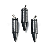 Natural Black Stone Pointed Pendants, Bullet Shaped Charms with Rack Plating Platinum Tone Brass Snap on Bails, 40x10mm, Hole: 7x4mm(G-A231-03D)