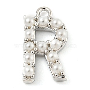 Plastic Imitation Pearl Pendants, with Eco-friendly Brass Findings, Lead Free & Cadmium Free, Letter Charms, Letter R, 13.8x7.6x3mm, Hole: 1.4mm(KK-P230-17P-R)