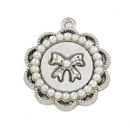 Alloy Resin Imitation Pearl Pendants, Flower with Bowknot Charms, Platinum, 25.5x22x3mm, Hole: 1.6mm(FIND-Z058-06P)