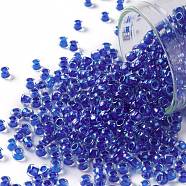 TOHO Round Seed Beads, Japanese Seed Beads, (189) Inside Color Luster Crystal/Caribean Blue, 8/0, 3mm, Hole: 1mm, about 1110pcs/50g(SEED-XTR08-0189)