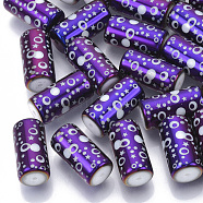 Electroplate Glass Beads, Column with Dot and Star Pattern, Purple, 20x10mm, Hole: 1.2mm, about 50pcs/bag(EGLA-N003-06A)