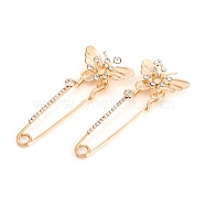 Rack Plating Iron Safety Brooch, with Crystal Glass Rhinestone, Butterfly, Light Gold, 75x31~31.5mm, Pin: 1.5mm(JEWB-G007-10LG)