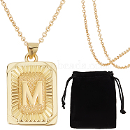 1Pc Brass Pendants, 1Pc Brass Cable Chain Necklaces, 1Pc Rectangle Velvet Pouches, Letter M, 23~445x15.5~70x2mm(NJEW-BBC0001-18M)