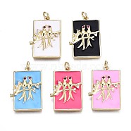 Brass Micro Pave Clear Cubic Zirconia Pendants, with Enamel and Jump Rings, Cadmium Free & Nickel Free & Lead Free, Real 16K Gold Plated, Rectangle with Branch & Bird, Mixed Color, 25.5x17.5x2.5mm, Jump Ring: 5x1mm, 3mm inner diameter(ZIRC-S067-013-NR)