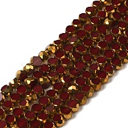 Electroplate Glass Beads Strands, Opaque Solid Color, Half Golden Plated, Faceted, Flat Round, Dark Red, 4~4.5x3mm, Hole: 1mm, about 71~75pcs/strand, 10''~10.43''(25.4~26.5cm)(EGLA-P061-01A-02)