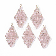 Glass Pendants, Wire Wrapped Pendants, with Real 18K Gold Plated Brass Wires, Nickel Free, Rhombus, Pink, 30x16x3.5mm, Hole: 1.5mm(KK-S354-003A-NF)