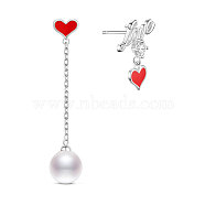 SHEGRACE Rhodium Plated 925 Sterling Silver Stud Earrings, Asymmetrical Earrings, with Shell Pearl, Word Love and Heart, Red, Platinum, 45mm(JE662A)