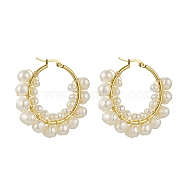 Natural Pearl Beaded Hoop Earrings, 304 Stainless Steel Wire Wrap Jewelry for Women, Real 18K Gold Plated, 42x46x8mm, Pin: 0.6~1.2x0.6mm(EJEW-JE05168-03)
