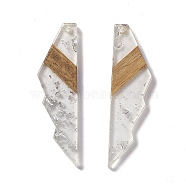 Transparent Resin & Walnut Wood Big Pendants, Jagged Shape Charms with Silver Foil, Clear, 53x14x3mm, Hole: 2mm(RESI-M027-09H)