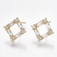 Brass Cubic Zirconia Stud Earrings, Rhombus, Clear, Real 18K Gold Plated, 13x13mm, Pin: 0.7mm(KK-S348-362)