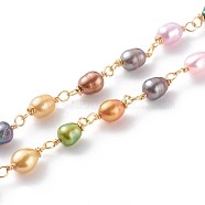 1 Strand Dyed Handmade Cultured Freshwater Rice Pearl Beaded Chains, with Copper Wire, Soldered, Real 18K Gold Plated, 6~10x7~9x4~7mm, about 3.28Feet/strand(1m/strand)(AJEW-SZ0002-06)