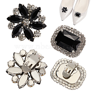 2 Pairs 2 Style Flower & Rectangle Glass Rhinestone Shoe Decoration, Detachable Iron Shoe Buckle Clips, Jet, 28~32.5x32~35x10~13mm, 1 pair/style(AJEW-AR0001-80)