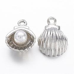 Alloy Charms, with Acrylic Pearl, Shell, Platinum, 12x9x5.5mm, Hole: 1mm(PALLOY-P118-30)