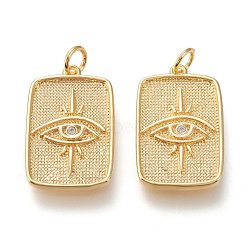 Brass Micro Pave Clear Cubic Zirconia Pendants, with Jump Rings, Long-Lasting Plated, Rectangle with Eye, Golden, 23x14.5x1.8mm, Hole: 3.5mm(X-ZIRC-I044-49G)