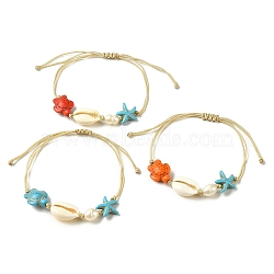 Synthetic Turquoise & Natural Shell & Pearl Braided Bead Bracelets, Tortoise & Starfish Adjustable Bracelet, Mixed Color, Inner Diameter: 3-1/4 inch(8.3cm)(BJEW-TA00368)