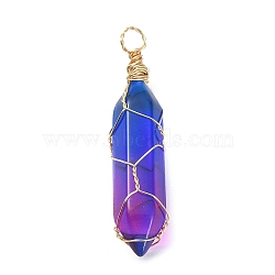 Glass Pendant, with Golden Copper Wire Wrapped Loops, Bullet Charms, Colorful, 40x9x9.5mm, Hole: 3.5mm(PALLOY-JF02357)