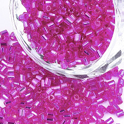 Grade A Glass Seed Beads, Hexagon(Two Cut), Silver Lined, Magenta, 1.5~2.5x1.5~2mm, Hole: 0.8mm, about 2100pcs/bag, 450g/bag(SEED-S022-04A-24)