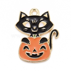 Halloween Alloy Enamel Pandants, Light Gold, Pumpkin with Cat, Black, 24x19x1.5mm, Hole: 1.8mm(X-ENAM-C004-07)