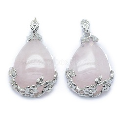 Natural Rose Quartz Pendants, with Alloy Findings, teardrop, Platinum, 40.5x28.5x10mm, Hole: 4.5x8mm(G-P393-B05)