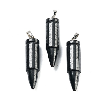 Natural Black Stone Pointed Pendants, Bullet Shaped Charms with Rack Plating Platinum Tone Brass Snap on Bails, 40x10mm, Hole: 7x4mm