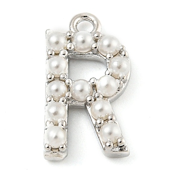 Plastic Imitation Pearl Pendants, with Eco-friendly Brass Findings, Lead Free & Cadmium Free, Letter Charms, Letter R, 13.8x7.6x3mm, Hole: 1.4mm