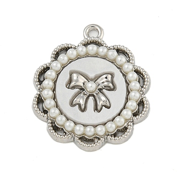 Alloy Resin Imitation Pearl Pendants, Flower with Bowknot Charms, Platinum, 25.5x22x3mm, Hole: 1.6mm