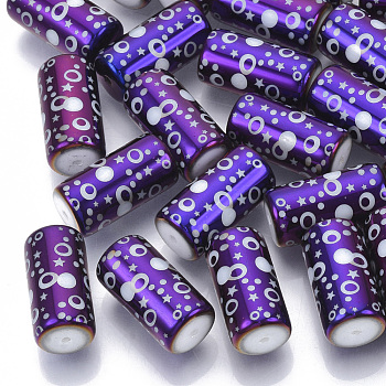 Electroplate Glass Beads, Column with Dot and Star Pattern, Purple, 20x10mm, Hole: 1.2mm, about 50pcs/bag
