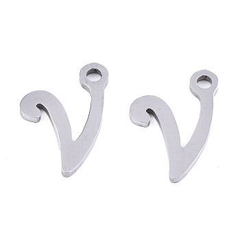201 Stainless Steel Charms, Laser Cut, Alphabet, Stainless Steel Color, Letter.V, 12x9x1mm, Hole: 1.4mm
