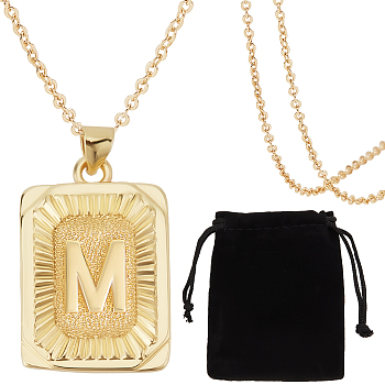 1Pc Brass Pendants, 1Pc Brass Cable Chain Necklaces, 1Pc Rectangle Velvet Pouches, Letter M, 23~445x15.5~70x2mm