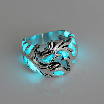 Luminous Alloy Dragon Open Cuff Ring, Glow In The Dark Chunky Ring for Men Women, Antique Silver, US Size 8(18.1mm)