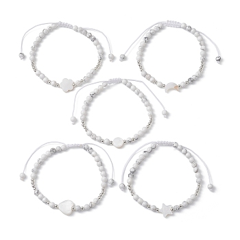 Natural Shell & Howlite Braided Bead Bracelet, Adjustable Bracelet, Mixed Shapes, Inner Diameter: 2-1/8~3-1/8 inch(5.45~8cm)