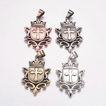 304 Stainless Steel Big Badge Pendants, Shield with Cross, Mixed Color, 56x36x4mm, Hole: 7x9mm