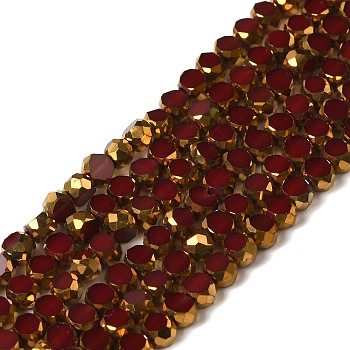 Electroplate Glass Beads Strands, Opaque Solid Color, Half Golden Plated, Faceted, Flat Round, Dark Red, 4~4.5x3mm, Hole: 1mm, about 71~75pcs/strand, 10''~10.43''(25.4~26.5cm)