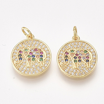 Brass Micro Pave Cubic Zirconia Pendants, Flat Round with Elephant, Golden, Colorful, 17x15x1.5mm, Hole: 3mm, Ring: 5x1mm