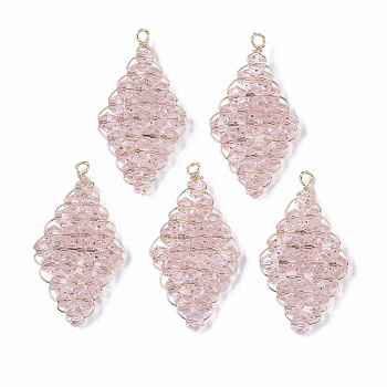 Glass Pendants, Wire Wrapped Pendants, with Real 18K Gold Plated Brass Wires, Nickel Free, Rhombus, Pink, 30x16x3.5mm, Hole: 1.5mm