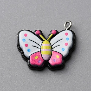 Opaque Resin Pendants, Butterfly Charms, with Platinum Tone Iron Loops, White, 19.5x27.5x9.5mm, Hole: 2mm