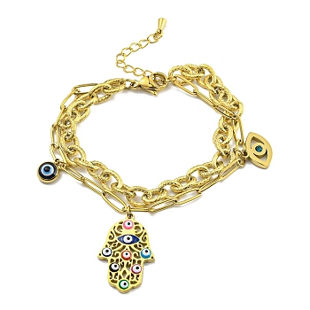 Ion Plating(IP) 304 Stainless Steel Cable & Paperclip Chains 2 Layer Multi-strand Bracelet, with Cubic Zirconia Evil Eye and Enamel Hamsa Hand Charms, Golden, 6-1/4 inch(16cm)