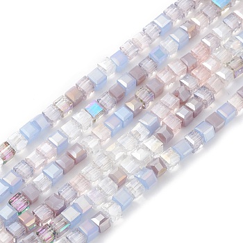 Gradient Color Electroplate Glass Bead Strands, AB Color Plated, Faceted, Cube, Thistle, 4x4x4mm, Hole: 1.2mm, about 94~97pcs/strand, 14.84~15.28 inch(37.7~38.8cm)