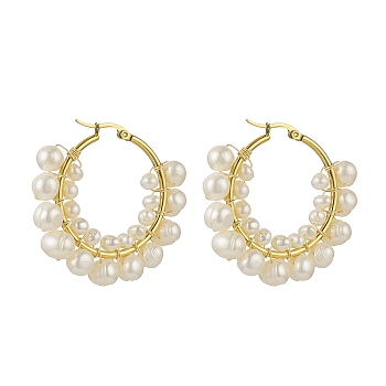 Natural Pearl Beaded Hoop Earrings, 304 Stainless Steel Wire Wrap Jewelry for Women, Real 18K Gold Plated, 42x46x8mm, Pin: 0.6~1.2x0.6mm
