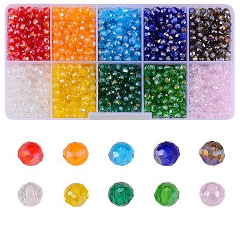 10 Colors Electroplate Glass Beads, AB Color Plated, Faceted, Rondelle, Mixed Color, 4x3mm, Hole: 0.4mm, 10 colors, 200pcs/color, 2000pcs/box