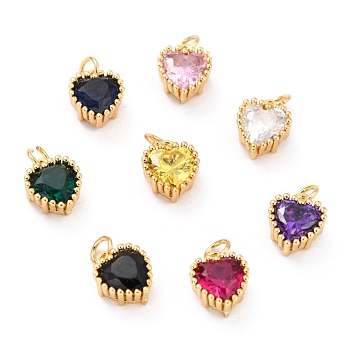 Real 18K Gold Plated Brass Inlaid Cubic Zirconia Charms, with Jump Ring, Long-Lasting Plated, Heart, Mixed Color, 8.5x7x4mm, Jump Ring: 4x0.5mm, 2.5mm Inner Diameter