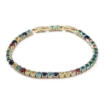 Colorful Glass Tennis Bracelet, Brass Link Chain Bracelets, Long-Lasting Plated, Golden, 6-7/8 inch(17.5cm)